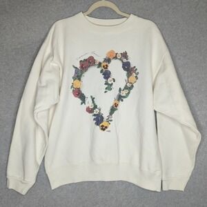Vintage 90s Maze Nature Lover‎ Floral Heart Crewneck Sweatshirt Cream USA Y2K
